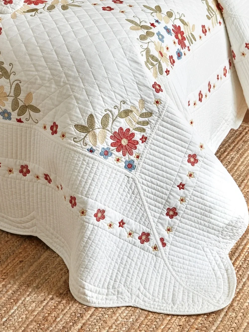 3 piece 100% cotton embroidered cottage floral Queen quilt set